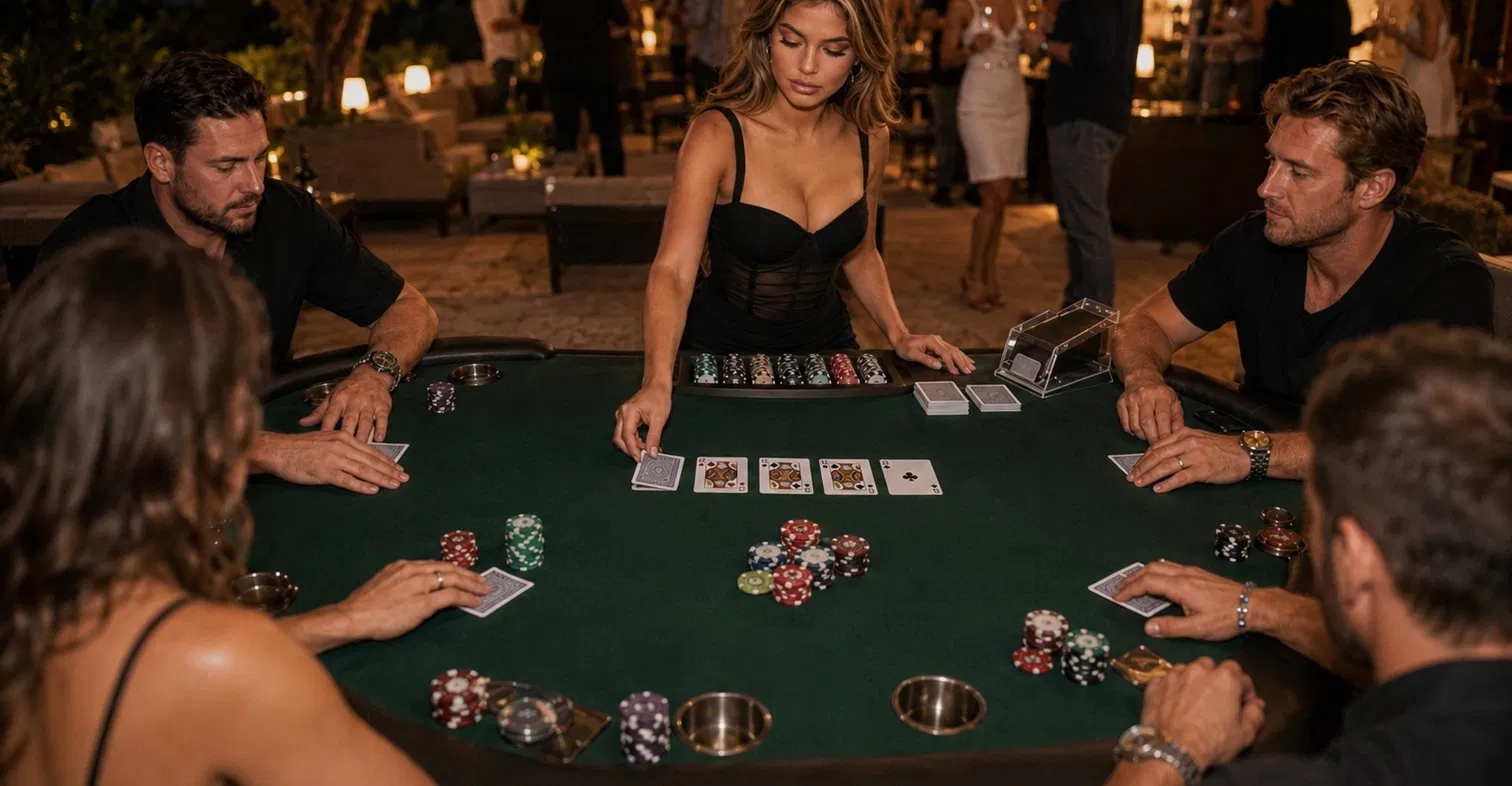 A professional dealer running a set-up poker table for guests at a private casino party