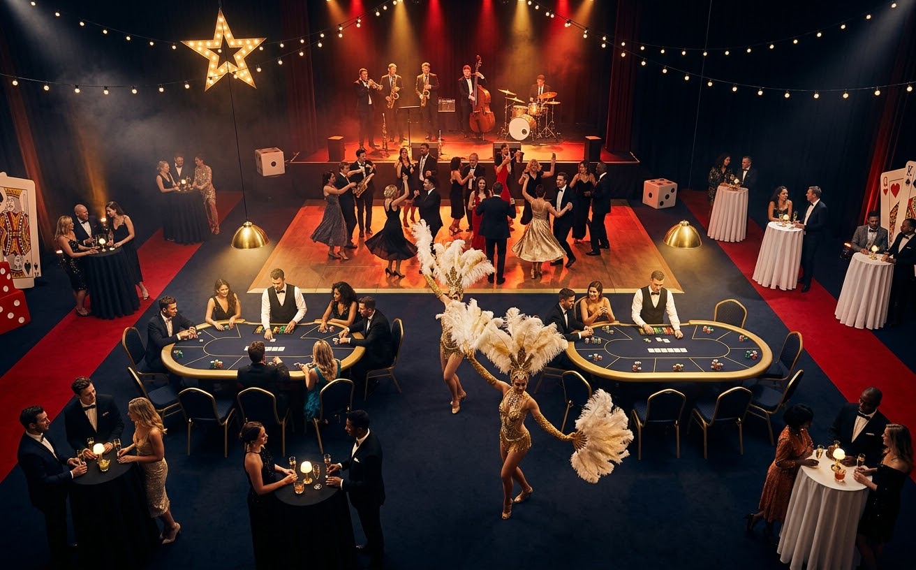 Vegas themed casino night with croupier-run tables and a live band